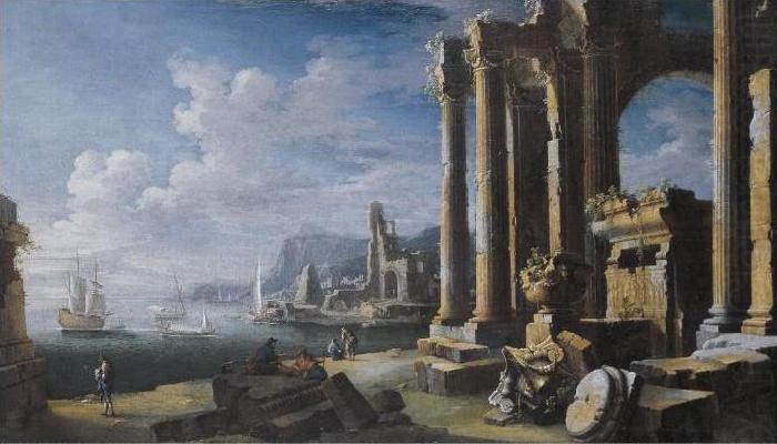 A capriccio of architectural ruins with a seascape beyond, Leonardo Coccorante